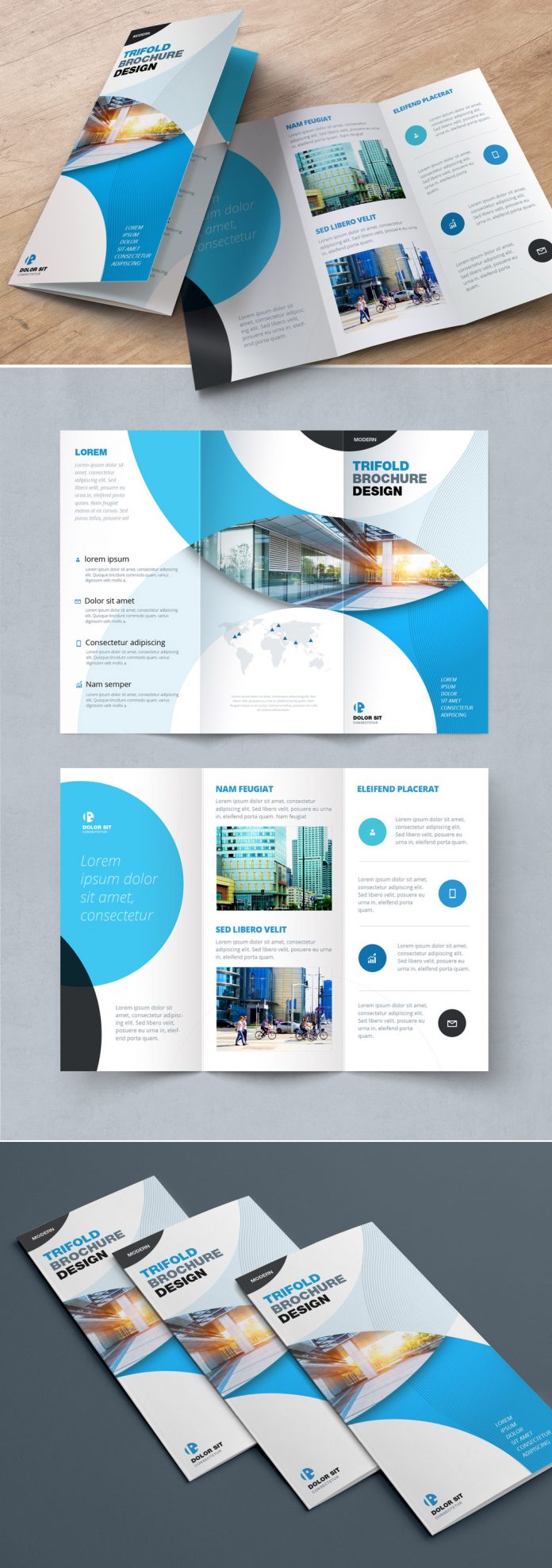 Blue Trifold InDesign Brochure Template with Circles Regarding Adobe Indesign Tri Fold Brochure Template