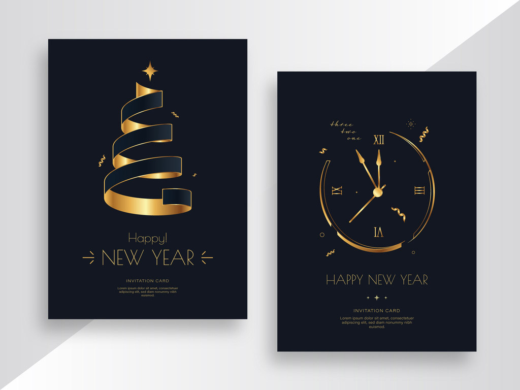 Christmas & New Year’s Eve Invitation Cards with Golden Tree and Clock