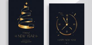 Christmas and New Year's Eve Invitation Cards with Golden Tree and Clock