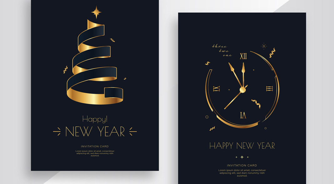Christmas and New Year's Eve Invitation Cards with Golden Tree and Clock