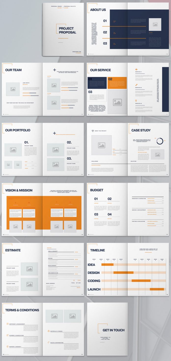 Orange and White Project Proposal Template with Dark Blue Accents