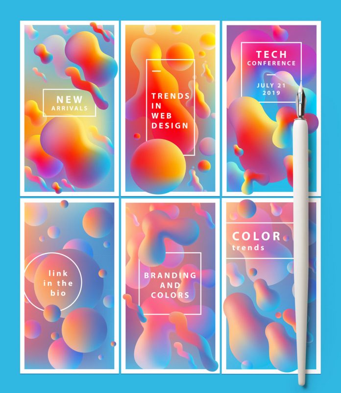 Social media layouts with colorful liquid gradients by @Polar Vectors.