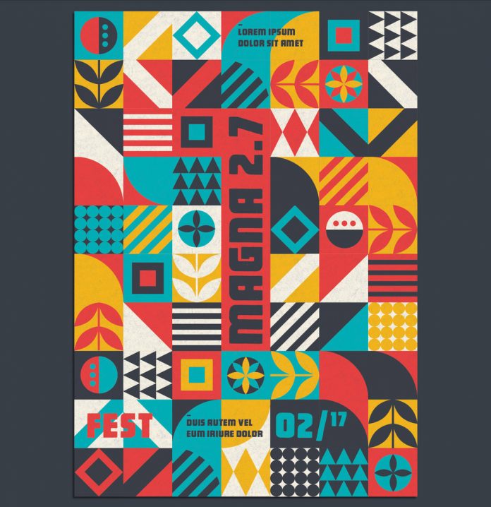 This modern geometric pattern poster template by @Blackcatstudio uses the maximum space.