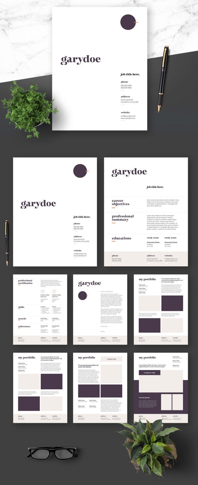 Adobe InDesign Resume Cover Letter and Portfolio Template with Dark Purple Elements