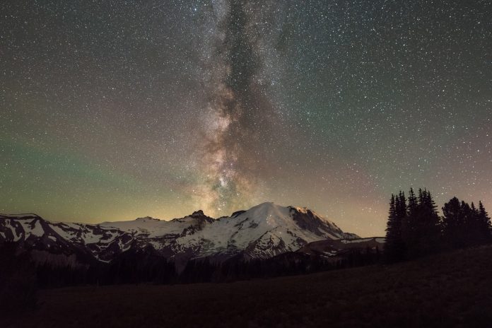 Milky Way Galaxy behind Mount Rainier in Washington State.