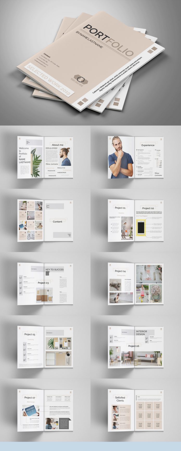 Graphic Design Portfolio Brochure Template with Beige Accents for Adobe InDesign