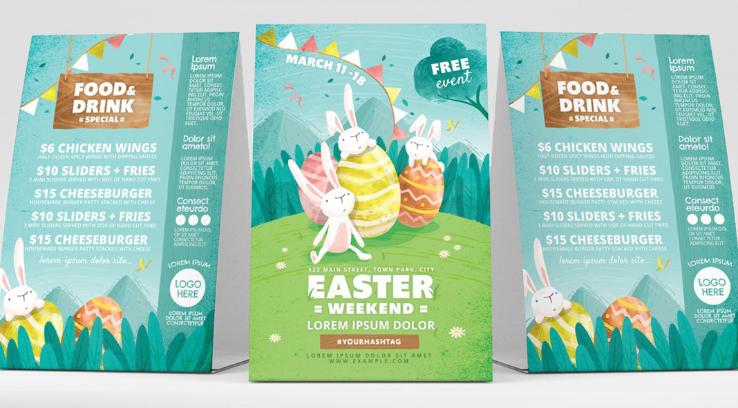 Download this Easter Flyer Photoshop Template with Cute Rabbit and Egg Illustrations