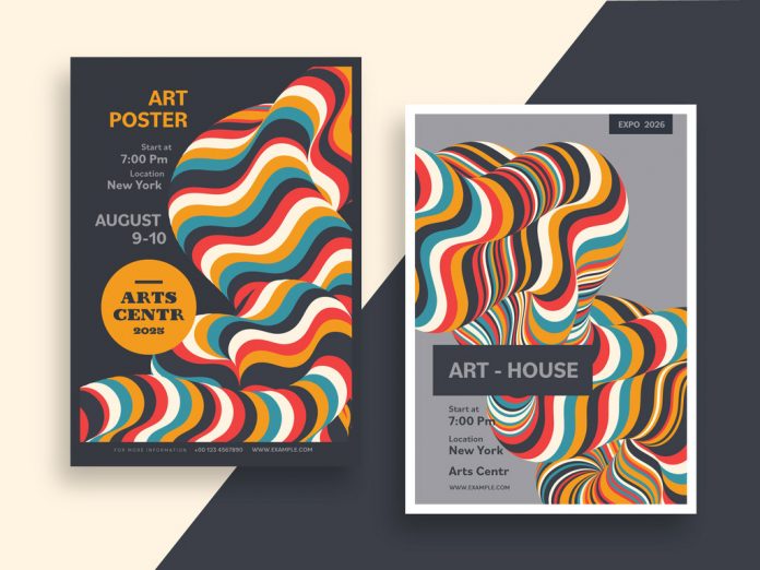 Download Editable Retro Art Poster Templates with Wavy Lines and Striking Colors for Adobe Illustrator