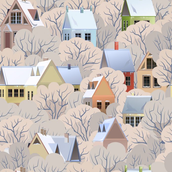 Seamless pattern of rural houses during winter season
