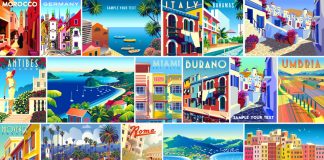 Vintage-inspired travel illustrations available for download as fully editable vector graphics