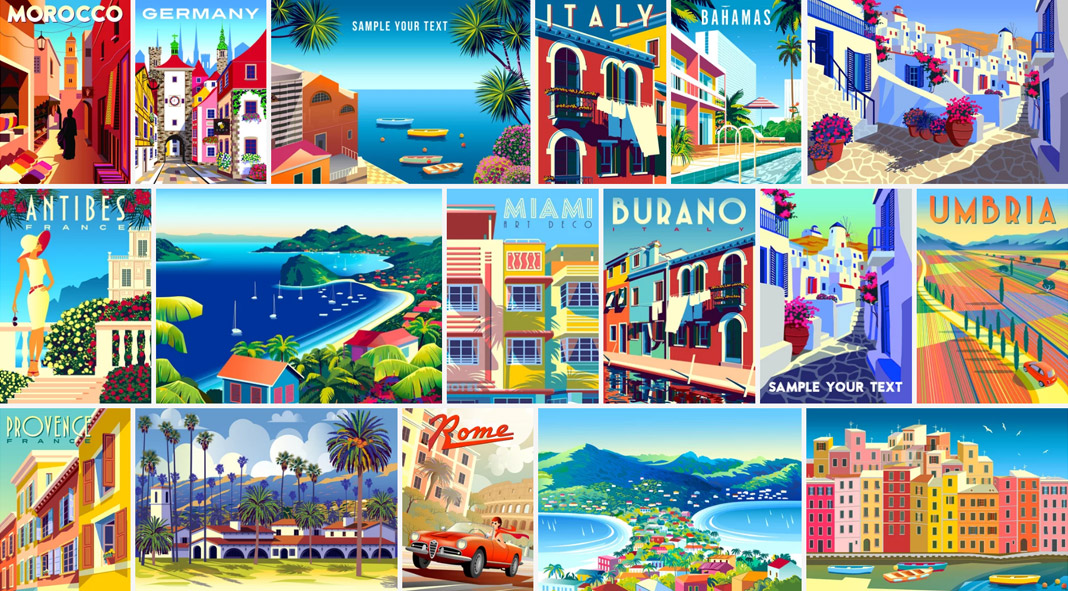 Vintage-inspired travel illustrations available for download as fully editable vector graphics