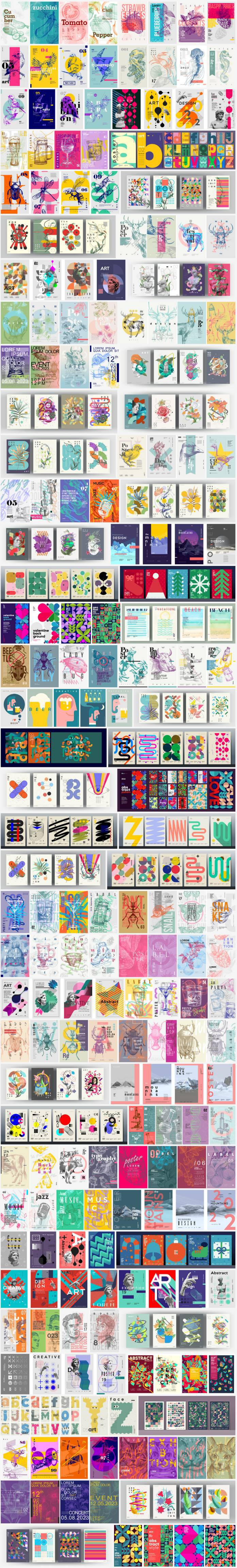 Editable graphic poster templates with abstract geometric shapes in different colors.
