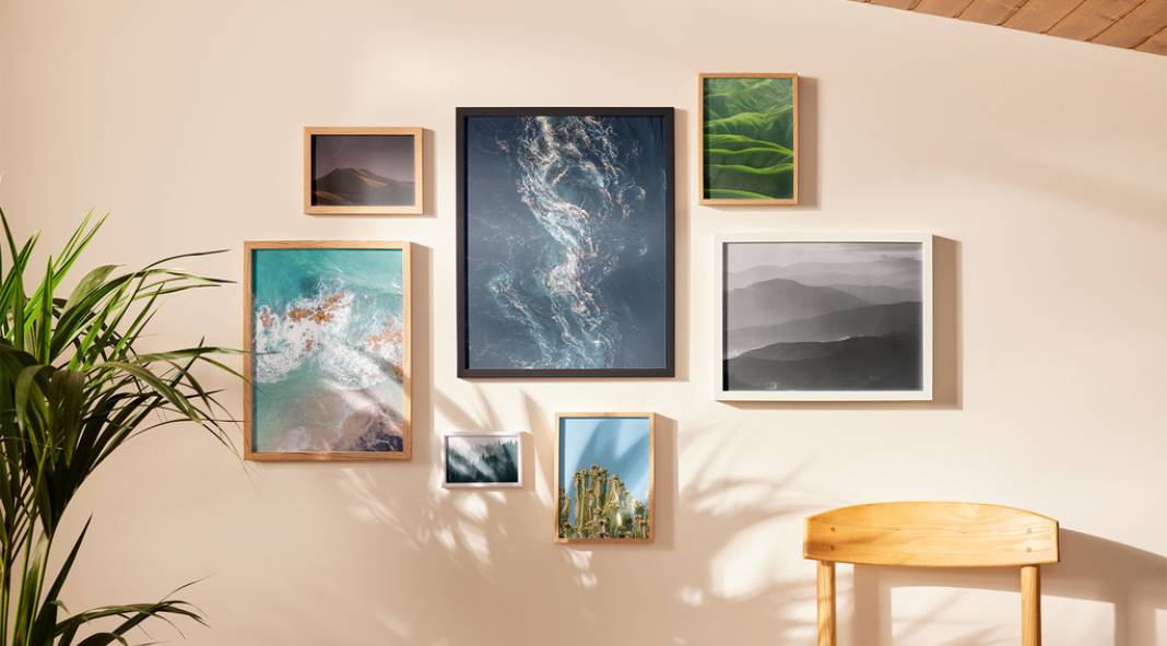 Natural Frame Gallery Wall Mockup for Adobe Photoshop with a Plant and a Chair