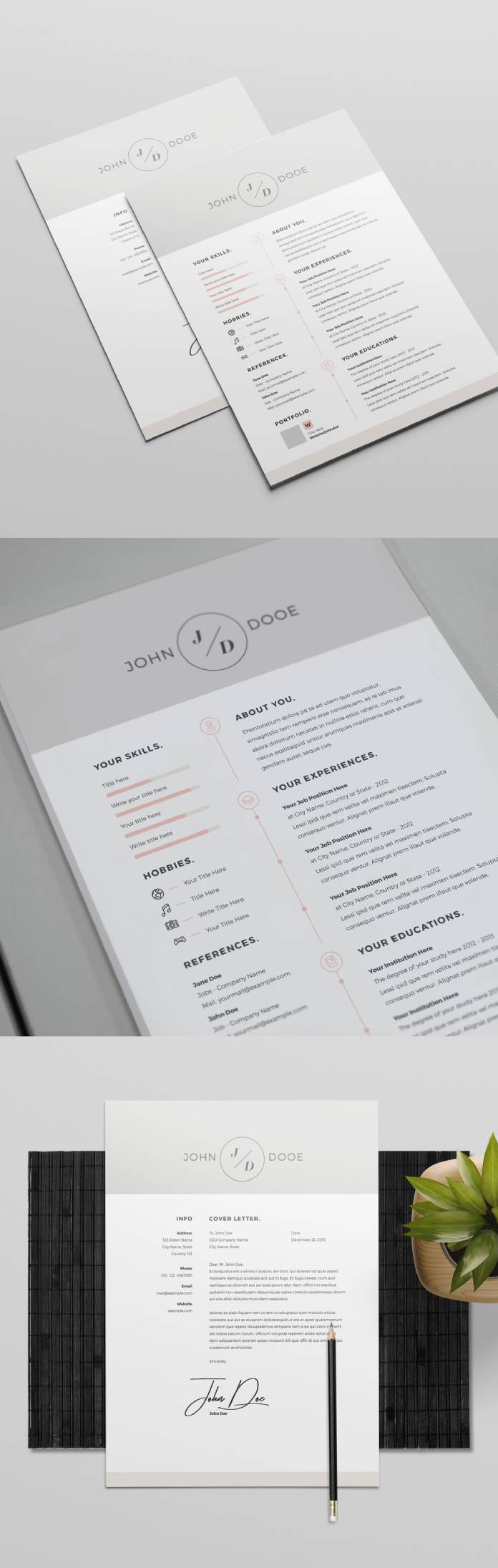 Adobe InDesign Resume Template with Gray Header and Footer