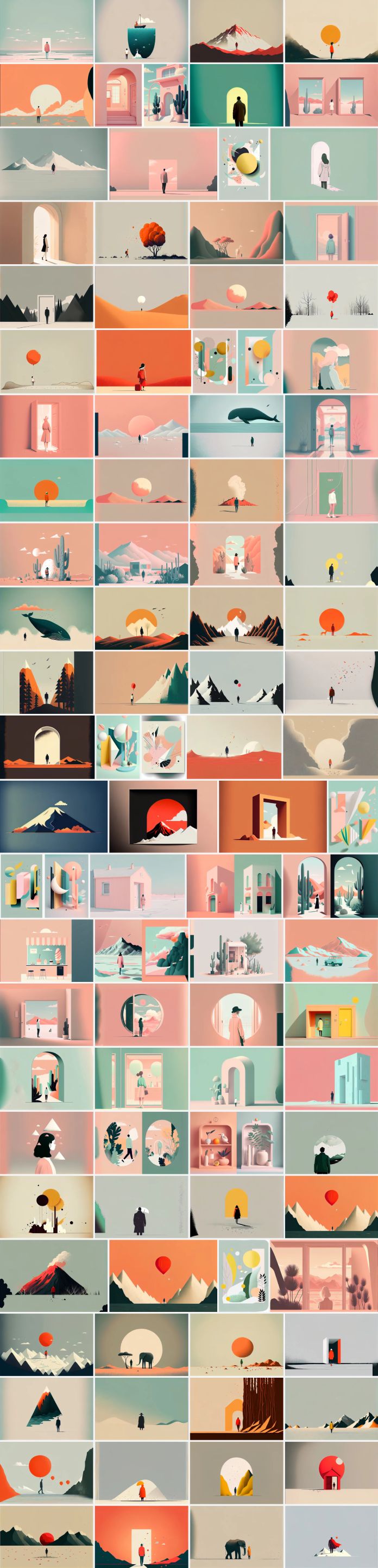 These minimalist illustrations of surreal scenes and abstract shapes are available for download on Adobe Stock.