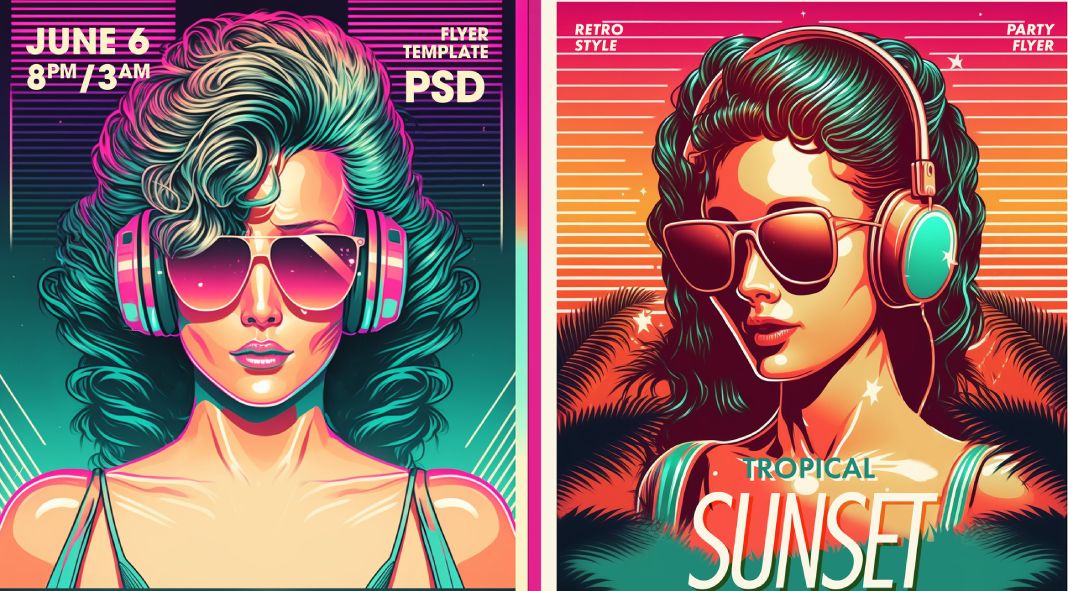 80s and 90s retro-style flyer templates for Adobe Photoshop