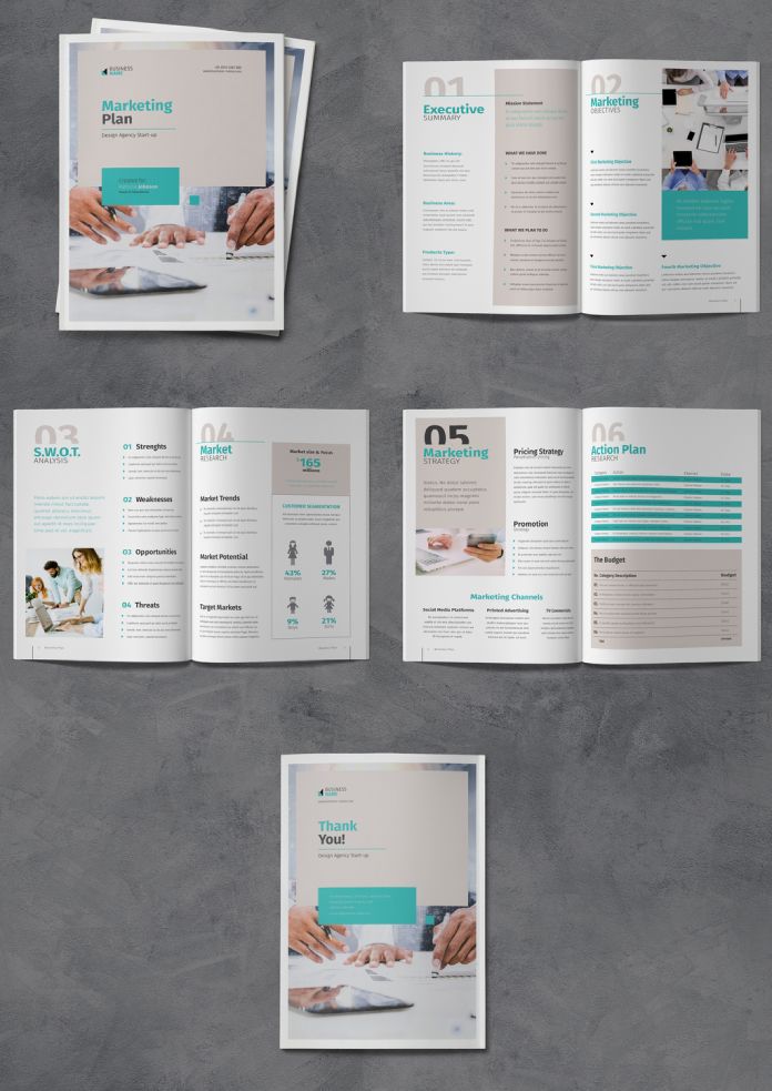 Marketing Plan Brochure Template for Adobe InDesign with Beige and Blue Accents