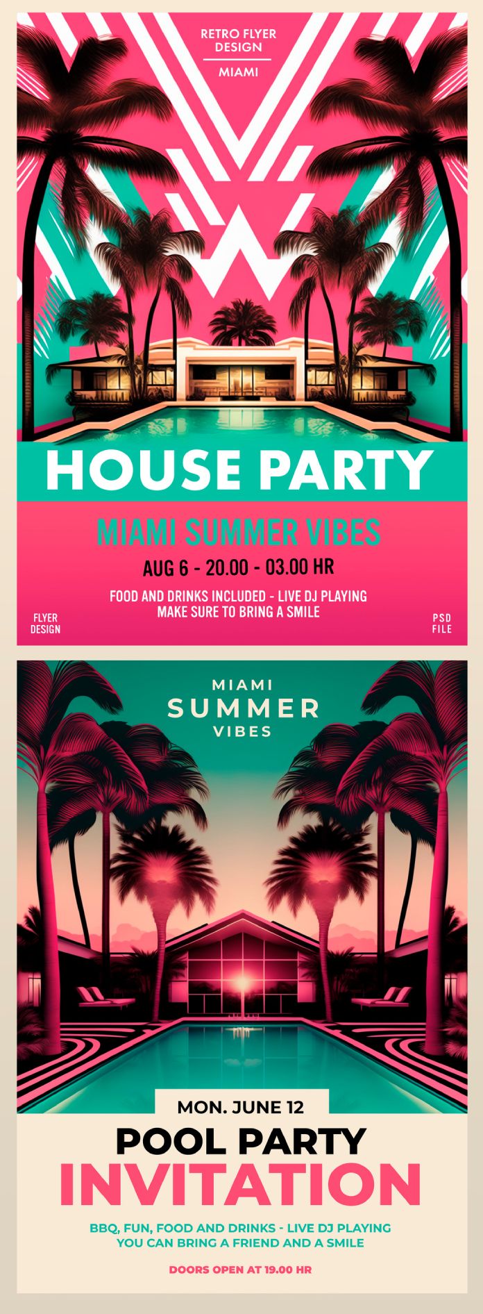 Customizable Retro Pool Party Flyers for Adobe Photoshop