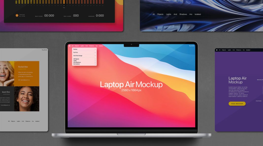 Download a laptop mockup presentation screen set in the style of an Apple MacBook Air.