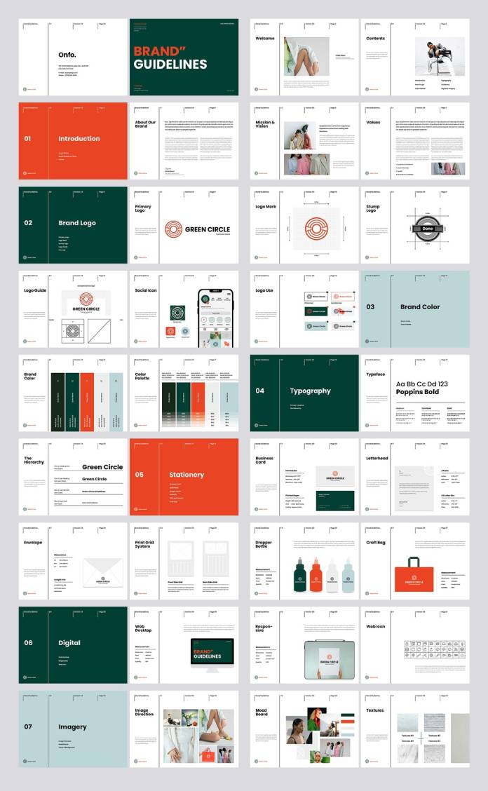 Brand identity guidelines template with green and orange design elements by TemplatesForest