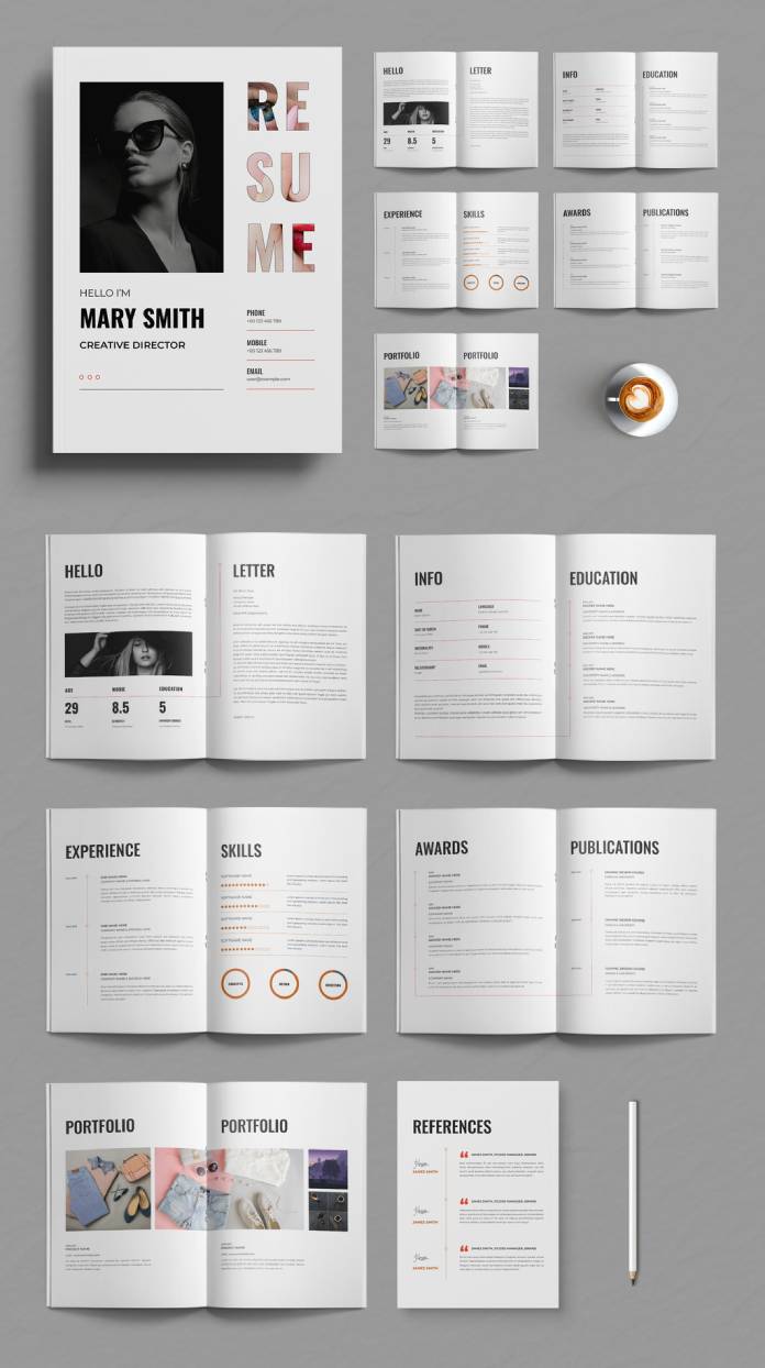 Download a unique resume booklet template with 12 customizable pages for Adobe InDesign.
