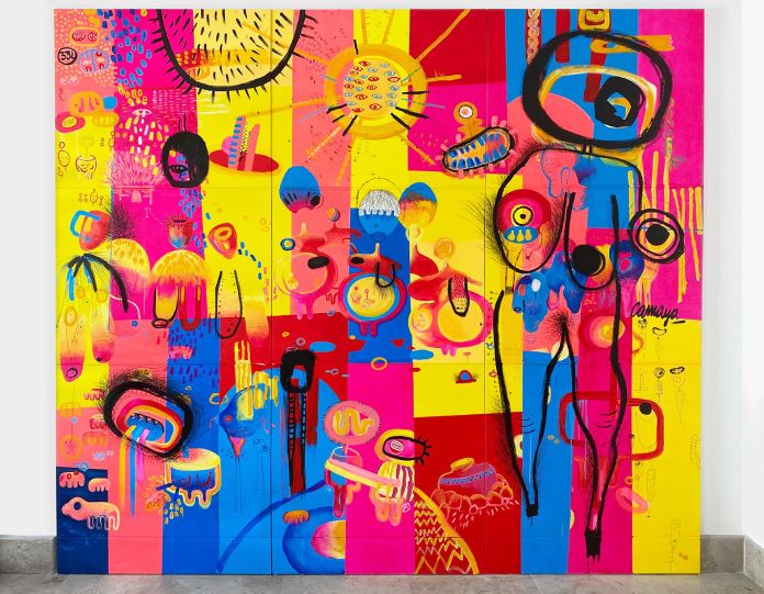 Natives of Happiness mural N.2 (2,60 x 3,10 M mixed media on wood 2022 France)