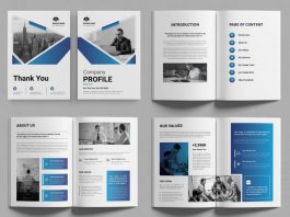 A company profile brochure template by DesignCoach made for use in Adobe InDesign.