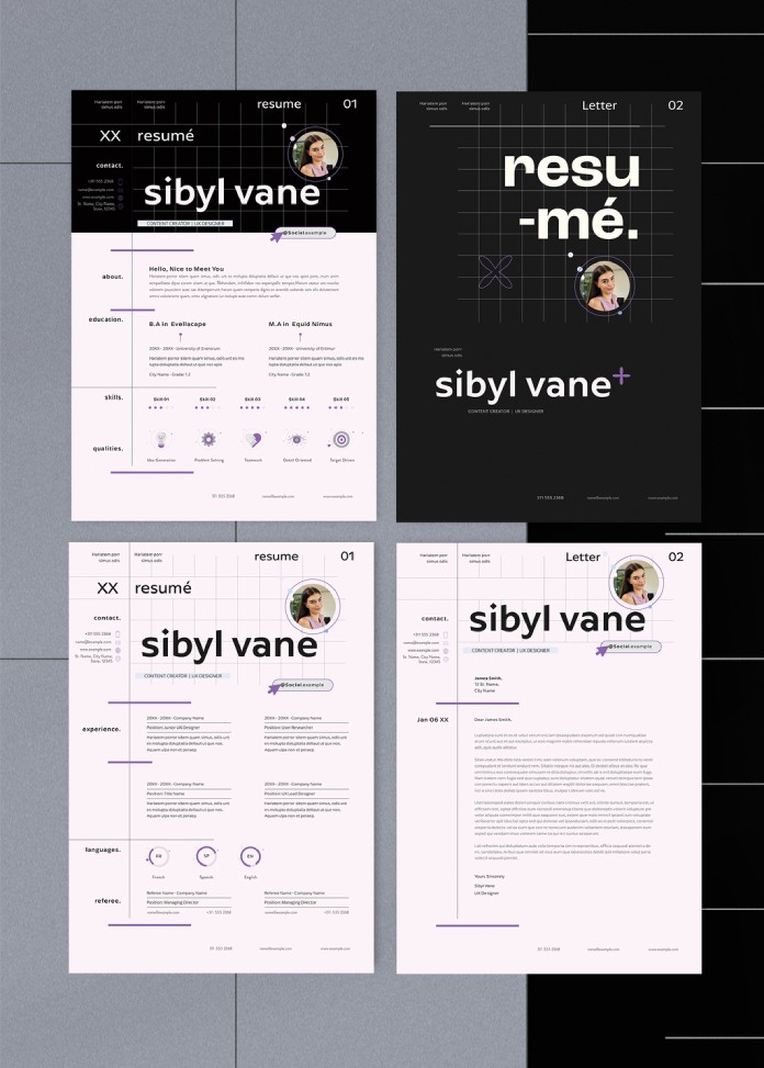 Black and White Resume Template - Full Set of Unique Job Application Documents for Adobe InDesign