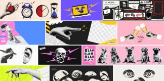 Download funky collage-like, halftone vector graphics characterized by pop art, surrealism, and vintage aesthetics