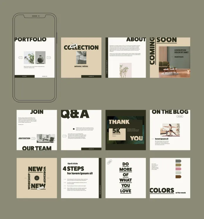 Typographic Social Media Instagram Post Templates in Bold Minimalism by orangeberry for Adobe InDesign