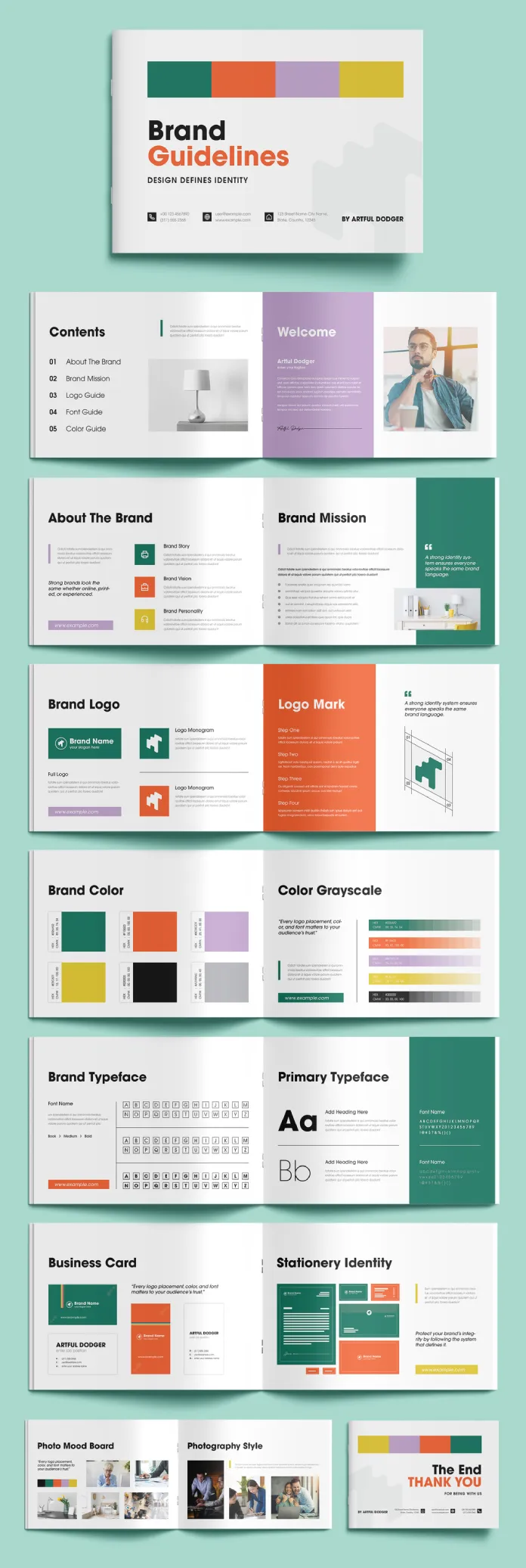 Download a Modern A4 Landscape Format Brand Identity Guidelines Brochure Template by DesignCoach for Adobe InDesign