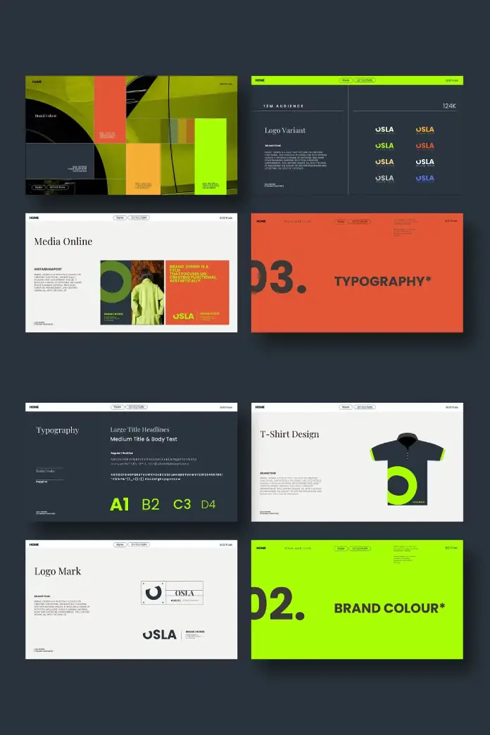 Osla Brand Guidelines Template by Studio Industry for PowerPoint, Google Slides, Adobe InDesign, Canva, and others.