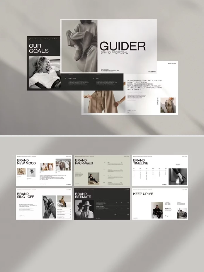 Guider Brand Proposal Presentation Template by evgenystudio for Google Slides, PowerPoint, Keynote, Adobe InDesign, Canva, and others.