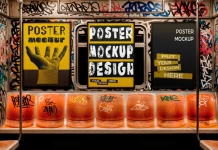 Subway Poster Mockup for Adobe Photoshop: Where Raw Energy Meets Refined Design Urban Subway Poster Mockup for Adobe Photoshop – Triple Frame Display with Graffiti Background by Gustavo Comunello