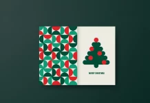 A Foldable Christmas Card InDesign Template with Xmas Tree and Space for Text and a Photo Inside by Jozef Micic in a Graphic, Minimalist Style.