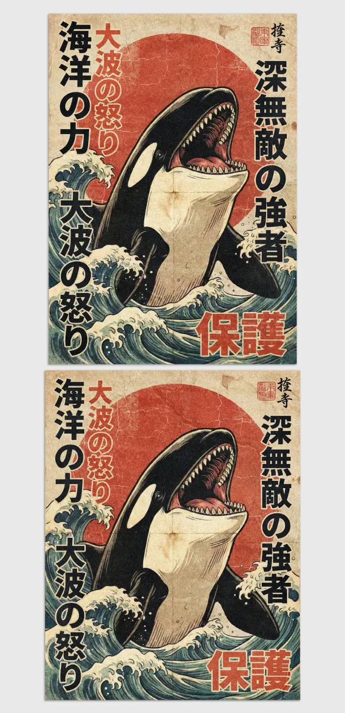 Japanese Vintage Style Retro Orca Poster Layout by Blackcatstudio in A4 and US Letter.