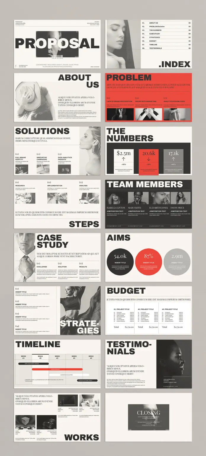 Download a business proposal presentation template by E-Type for use in Adobe InDesign.