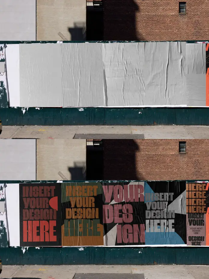Urban multiple poster mockup on a wall in the streets of New York City for Adobe Photoshop by The MuF Templates.