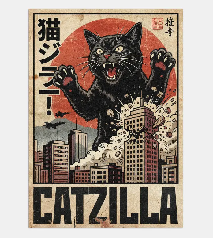 Vintage Japanese Catzilla Poster Layout in A4 by Blackcatstudio for Adobe Photoshop
