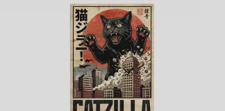 Vintage Japanese Catzilla Poster Layout in A4 by Blackcatstudio for Adobe Photoshop