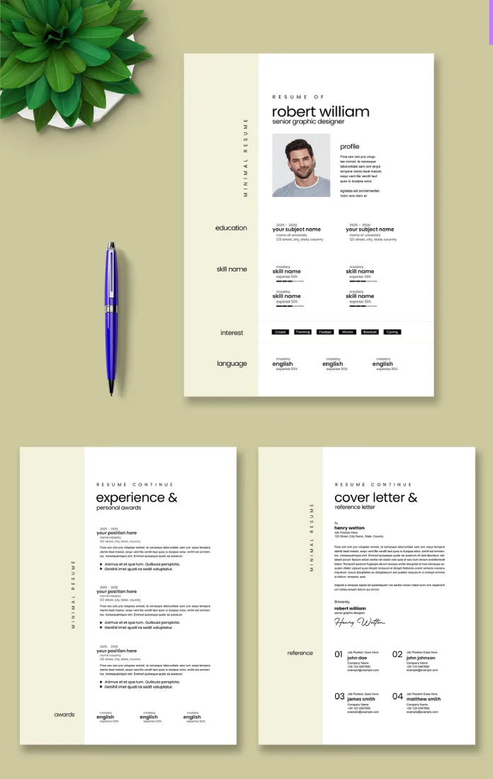 A professional resume, CV, and cover letter template in A4 for Adobe InDesign by ContestDesign.