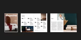A customizable Adobe InDesign magazine template in A4 by graphic designer Tom Sarraipo with 36 pages in CMYK for professional printing.