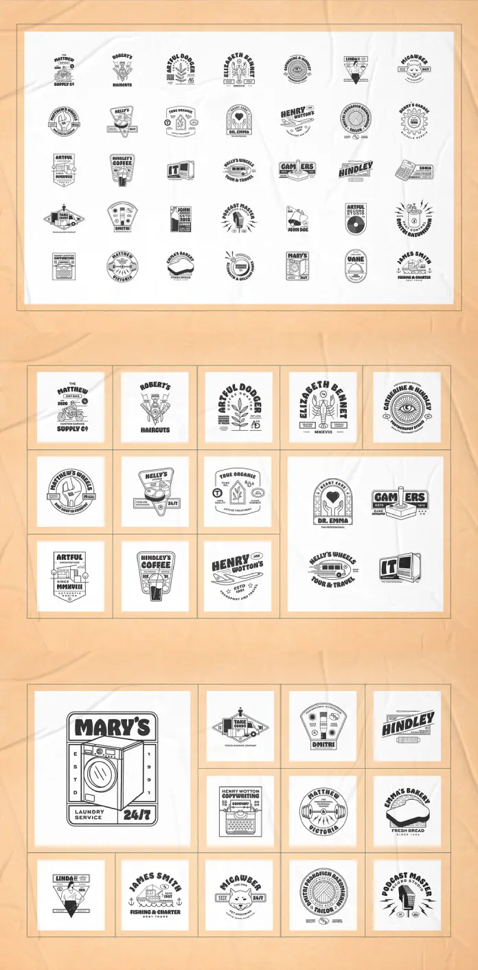Download 35 retro logo illustrations by Danny Aldana as fully editable vector graphics in the style of cool vintage badges.
