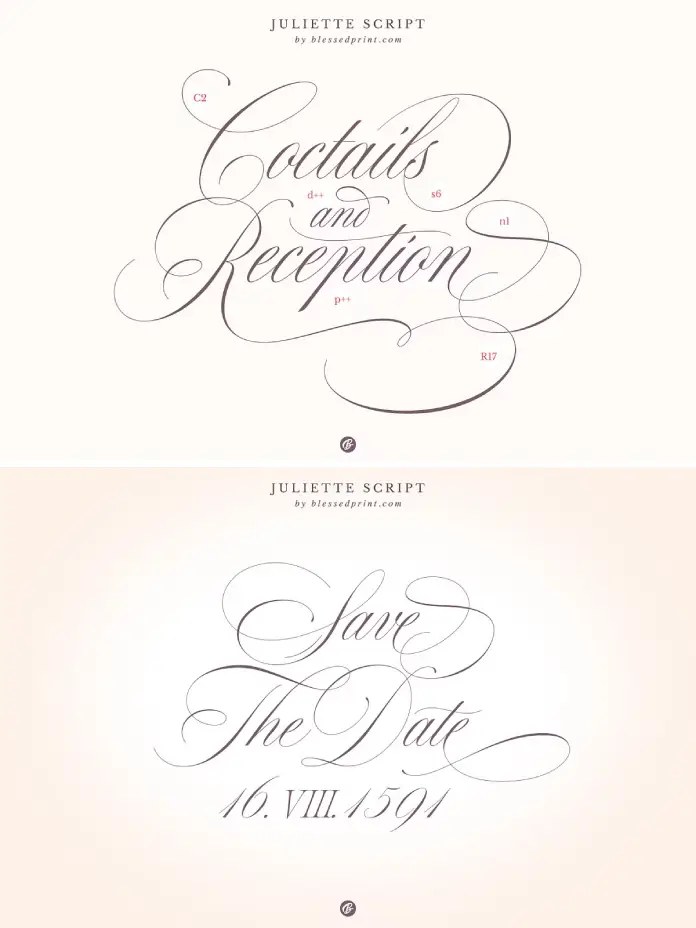 The Juliette font family, a romantic wedding script typeface by Blessed Print.