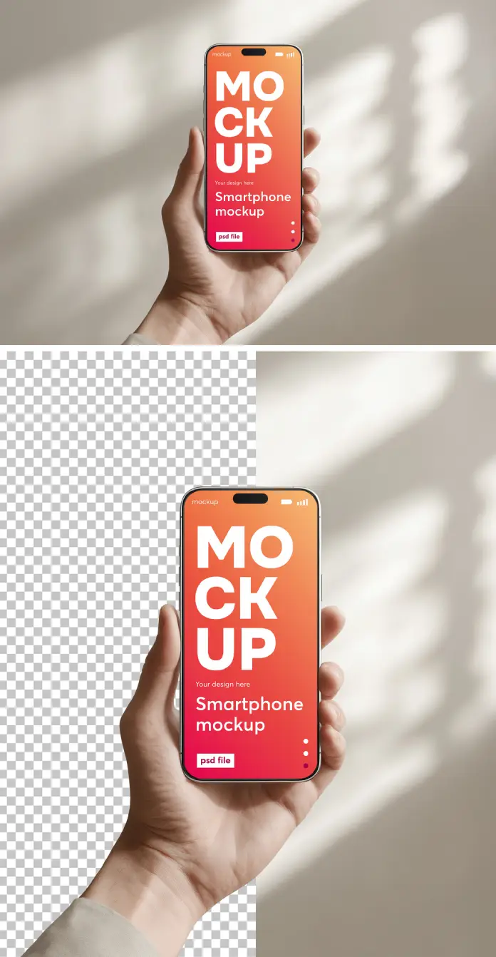 A smartphone Photoshop mockup of a hand holding an iPhone in a daylight setting.