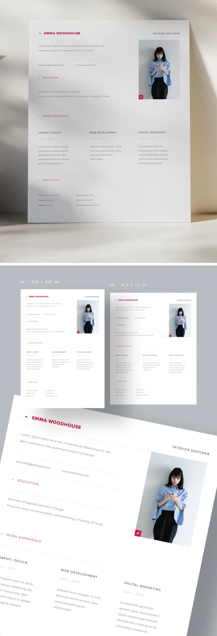 A professional resume template with an organized structure for Adobe Illustrator in A4 and US Letter.