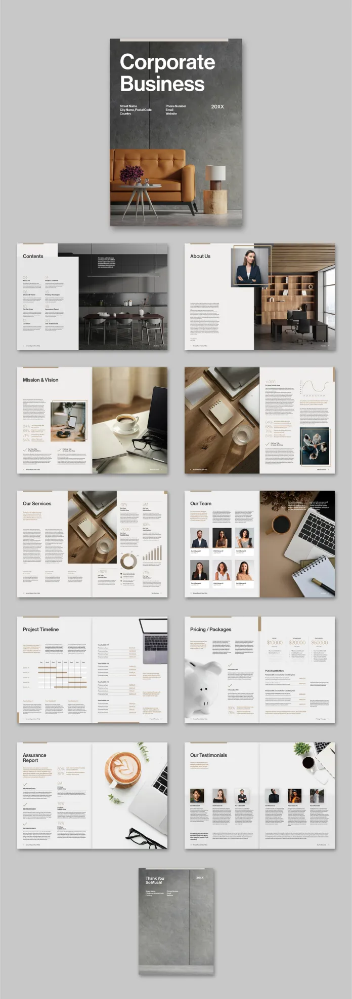 Download a corporate business brochure design template as a customizable Adobe InDesign layout in A4, designed by Tom Sarraipo.