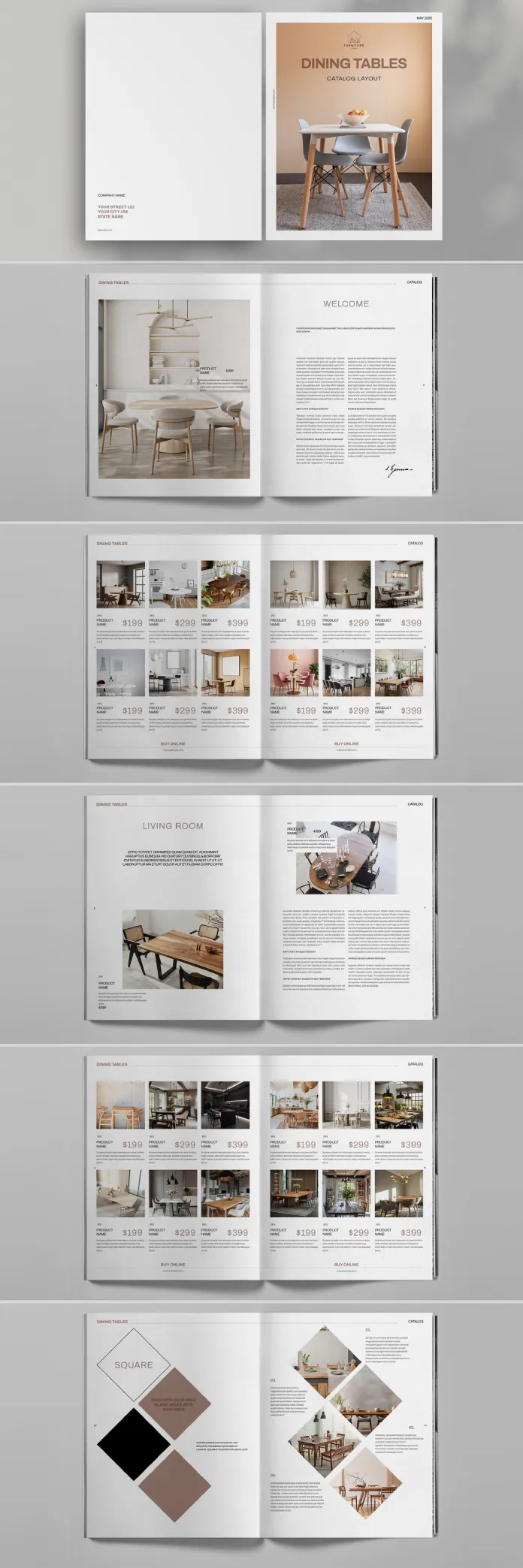 Download this minimalist furniture catalog design template for Adobe InDesign in a modern brochure/magazine style.