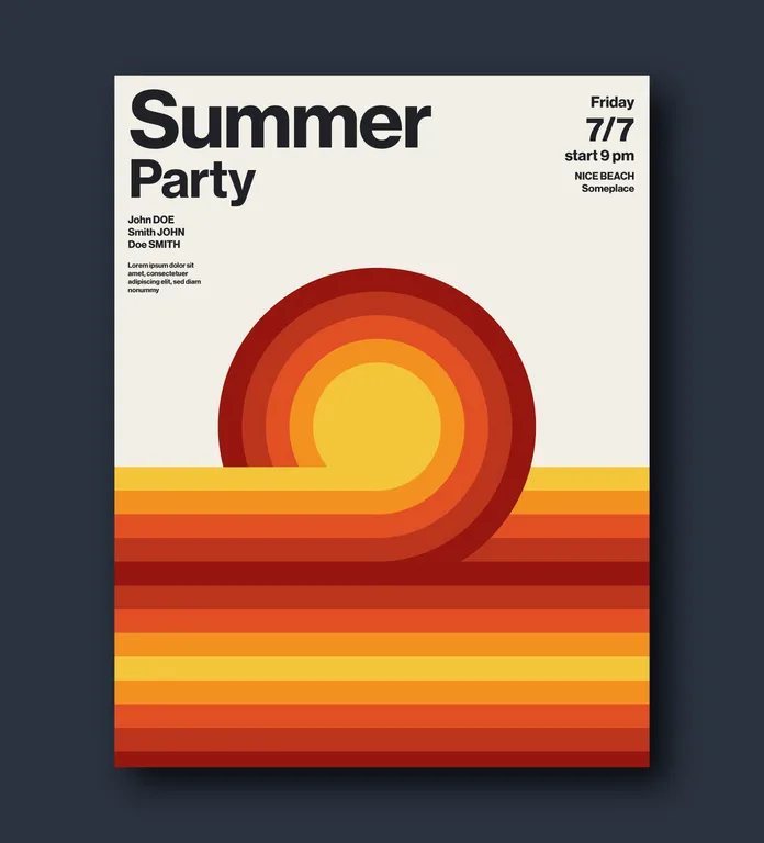 This minimalist summer party poster template in retro style by Jozef Micic is available for download as a vector graphic for Adobe Illustrator.