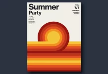 This minimalist summer party poster template in retro style by Jozef Micic is available for download as a vector graphic for Adobe Illustrator.